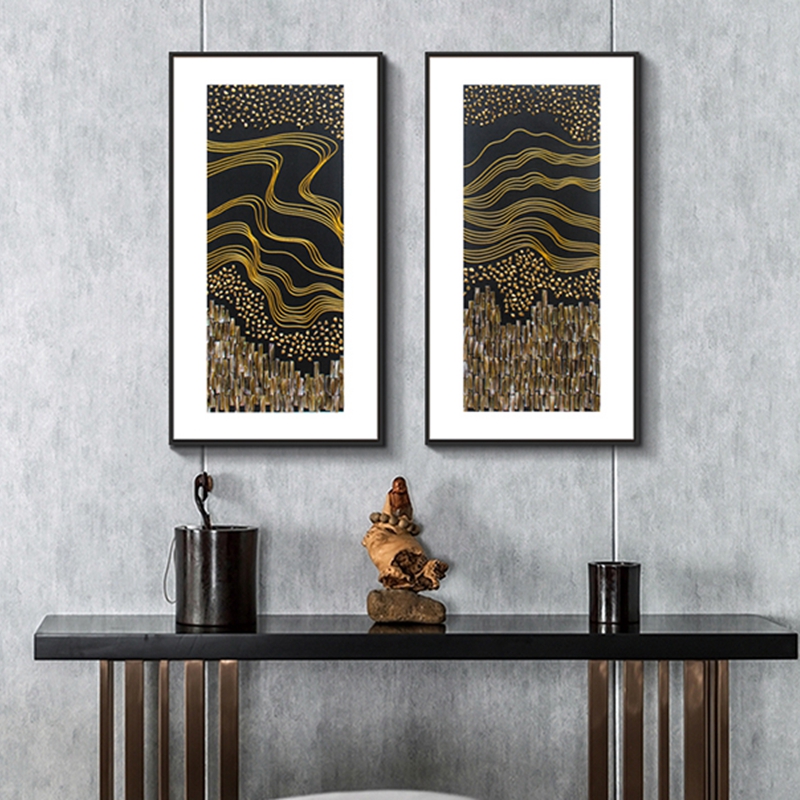 新中式客廳裝飾畫 餐廳原創(chuàng)純手繪線條貝殼畫 玄關鋁合金框實物畫